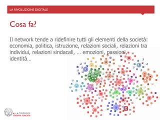 LA RIVOLUZIONE DIGITALE	





Cosa fa?	

Il network tende a ridefinire tutti gli elementi della società:
economia, politica, istruzione, relazioni sociali, relazioni tra
individui, relazioni sindacali, … emozioni, passioni,
identità…
 
