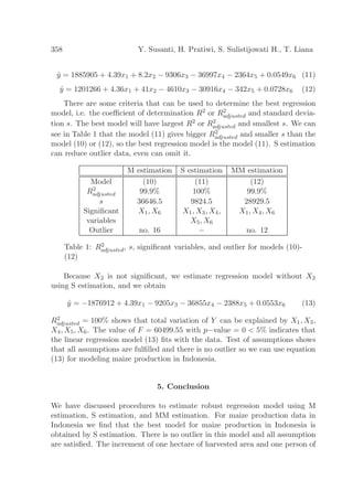 358 Y. Susanti, H. Pratiwi, S. Sulistijowati H., T. Liana
ˆy = 1885905 + 4.39x1 + 8.2x2 − 9306x3 − 36997x4 − 2364x5 + 0.0549x6 (11)
ˆy = 1201266 + 4.36x1 + 41x2 − 4610x3 − 30916x4 − 342x5 + 0.0728x6 (12)
There are some criteria that can be used to determine the best regression
model, i.e. the coeﬃcient of determination R2 or R2
adjusted and standard devia-
tion s. The best model will have largest R2 or R2
adjusted and smallest s. We can
see in Table 1 that the model (11) gives bigger R2
adjusted and smaller s than the
model (10) or (12), so the best regression model is the model (11). S estimation
can reduce outlier data, even can omit it.
M estimation S estimation MM estimation
Model (10) (11) (12)
R2
adjusted 99.9% 100% 99.9%
s 36646.5 9824.5 28929.5
Signiﬁcant X1, X6 X1, X3, X4, X1, X4, X6
variables X5, X6
Outlier no. 16 − no. 12
Table 1: R2
adjusted, s, signiﬁcant variables, and outlier for models (10)-
(12)
Because X2 is not signiﬁcant, we estimate regression model without X2
using S estimation, and we obtain
ˆy = −1876912 + 4.39x1 − 9205x3 − 36855x4 − 2388x5 + 0.0553x6 (13)
R2
adjusted = 100% shows that total variation of Y can be explained by X1, X3,
X4, X5, X6. The value of F = 60499.55 with p−value = 0 < 5% indicates that
the linear regression model (13) ﬁts with the data. Test of assumptions shows
that all assumptions are fulﬁlled and there is no outlier so we can use equation
(13) for modeling maize production in Indonesia.
5. Conclusion
We have discussed procedures to estimate robust regression model using M
estimation, S estimation, and MM estimation. For maize production data in
Indonesia we ﬁnd that the best model for maize production in Indonesia is
obtained by S estimation. There is no outlier in this model and all assumption
are satisﬁed. The increment of one hectare of harvested area and one person of
 