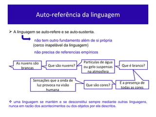 Auto-referência da linguagem uma linguagem se mantém e se desconstitui sempre mediante outras linguagens, nunca em razão dos acontecimentos ou dos objetos por ela descritos.  A linguagem se auto-refere e se auto-sustenta. não tem outro fundamento além de si própria   (cerco inapelável da linguagem) não precisa de referencias empíricos Que são nuvens? As nuvens são brancas Partículas de água ou gelo suspensas na atmosfera Que é branco? É a presença de todas as cores Que são cores? Sensações que a onda de luz provoca na visão humana  