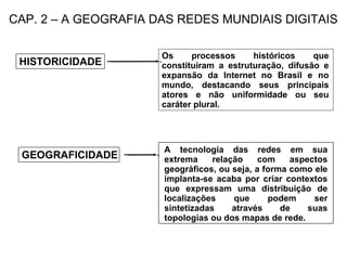 CAP. 2 – A GEOGRAFIA DAS REDES MUNDIAIS DIGITAIS

                      Os     processos     históricos    que
 HISTORICIDADE        constituíram a estruturação, difusão e
                      expansão da Internet no Brasil e no
                      mundo, destacando seus principais
                      atores e não uniformidade ou seu
                      caráter plural.




                      A tecnologia das redes em sua
 GEOGRAFICIDADE       extrema     relação    com    aspectos
                      geográficos, ou seja, a forma como ele
                      implanta-se acaba por criar contextos
                      que expressam uma distribuição de
                      localizações     que     podem     ser
                      sintetizadas     através    de    suas
                      topologias ou dos mapas de rede.
 