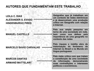 AUTORES QUE FUNDAMENTAM ESTE TRABALHO


LEILA C. DIAS            Geógrafos que já trabalham em
                         um contexto de redes eletrônicas
ALEXANDER S. EVASO       e já desenvolvem uma produção
HINDENBURGO PIRES        crítica em Geografia com relação
                         à Internet.

                         Pela sua ampla pesquisa em
                         torno de uma sociedade em rede,
MANUEL CASTELLS          bem como sua defesa pela
                         importância de uma geografia no
                         contexto das redes

                         Pela riqueza e inédita obra de
MARCELO SAVIO CARVALHO   historização do fenômeno da
                         Internet no Brasil e no Mundo em
                         língua portuguesa

                         Pela visão crítica com que tratam
MARCOS DANTAS            a constituição de uma sociedade
                         da informação, demonstrando
ARMAND MATTELART         suas contradições e interesses
                         políticos e econômicos.
 