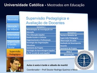 Educação
de Infância
Informática
Educacional
Organização
e Gestão
Escolar
Mestrados
Supervisão
Pedagógica
Universidade Católica - Mestrados em Educação
Supervisão Pedagógica e
Avaliação de Docentes
Supervisão
Pedagógica
Aulas à sexta à tarde e sábado de manhã
Semestre 2
Teorias e Modelos de
Supervisão Pedagogica
Observação de aulas
Avaliação de Desempenho
Docente
Seminário de Projeto
Semestre 1
Metodologias de Investigação em
Educação
TIC e Educação (opção)
Gestão Escolar e Culturas
Organizacionais e Profissionais
Sociologia das Organizações
Educativas
Seminário de Projeto
Psicologia da Aprendizagem (opção)
As TIC na sala de aula (opção)
Ano 2
Dissertação
Coordenador – Prof Doutor Rodrigo Queiroz e Melo
 