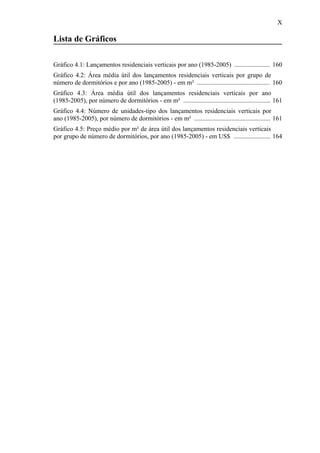 X
Lista de Gráficos
Gráfico 4.1: Lançamentos residenciais verticais por ano (1985-2005) ...................... 160
Gráfico 4.2: Área média útil dos lançamentos residenciais verticais por grupo de
número de dormitórios e por ano (1985-2005) - em m² ............................................. 160
Gráfico 4.3: Área média útil dos lançamentos residenciais verticais por ano
(1985-2005), por número de dormitórios - em m² ...................................................... 161
Gráfico 4.4: Número de unidades-tipo dos lançamentos residenciais verticais por
ano (1985-2005), por número de dormitórios - em m² ............................................... 161
Gráfico 4.5: Preço médio por m² de área útil dos lançamentos residenciais verticais
por grupo de número de dormitórios, por ano (1985-2005) - em US$ ....................... 164
 