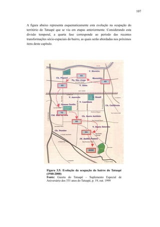 107
A figura abaixo representa esquematicamente esta evolução na ocupação do
território do Tatuapé que se viu em etapas anteriormente. Considerando esta
divisão temporal, a quarta fase corresponde ao período das recentes
transformações sócio-espaciais do bairro, as quais serão abordadas nos próximos
itens deste capítulo.
Figura 3.5: Evolução da ocupação do bairro do Tatuapé
(1940-2000)
Fonte: Gazeta do Tatuapé – Suplemento Especial de
Aniversário dos 331 anos do Tatuapé, p. 19, out. 1999
 