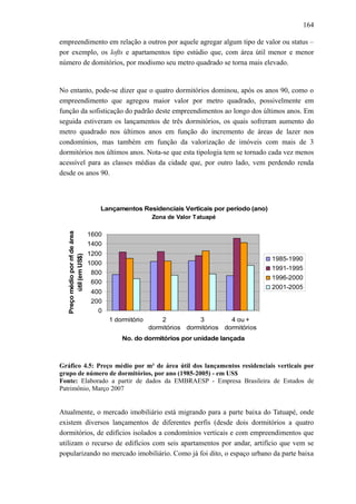 164
empreendimento em relação a outros por aquele agregar algum tipo de valor ou status –
por exemplo, os lofts e apartamentos tipo estúdio que, com área útil menor e menor
número de domitórios, por modismo seu metro quadrado se torna mais elevado.
No entanto, pode-se dizer que o quatro dormitórios dominou, após os anos 90, como o
empreendimento que agregou maior valor por metro quadrado, possivelmente em
função da sofisticação do padrão deste empreendimentos ao longo dos últimos anos. Em
seguida estiveram os lançamentos de três dormitórios, os quais sofreram aumento do
metro quadrado nos últimos anos em função do incremento de áreas de lazer nos
condomínios, mas também em função da valorização de imóveis com mais de 3
dormitórios nos últimos anos. Nota-se que esta tipologia tem se tornado cada vez menos
acessível para as classes médias da cidade que, por outro lado, vem perdendo renda
desde os anos 90.
Lançamentos Residenciais Verticais por período (ano)
Zona de Valor Tatuapé
0
200
400
600
800
1000
1200
1400
1600
1 dormitório 2
dormitórios
3
dormitórios
4 ou +
dormitórios
No. do dormitórios por unidade lançada
Preçomédioporm²deárea
útil(emUS$)
1985-1990
1991-1995
1996-2000
2001-2005
Gráfico 4.5: Preço médio por m² de área útil dos lançamentos residenciais verticais por
grupo de número de dormitórios, por ano (1985-2005) - em US$
Fonte: Elaborado a partir de dados da EMBRAESP - Empresa Brasileira de Estudos de
Patrimônio, Março 2007
Atualmente, o mercado imobiliário está migrando para a parte baixa do Tatuapé, onde
existem diversos lançamentos de diferentes perfis (desde dois dormitórios a quatro
dormitórios, de edifícios isolados a condomínios verticais e com empreendimentos que
utilizam o recurso de edifícios com seis apartamentos por andar, artifício que vem se
popularizando no mercado imobiliário. Como já foi dito, o espaço urbano da parte baixa
 
