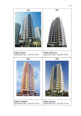 173
1999 2001
Edifício Almeria
Apartamento Tipo – Área Útil: 246 m²
Edifício Albarracin
Apartamento Tipo – Área Útil: 168 m²
2002 2003
Edifício Valladolid
Apartamento Tipo – Área Útil: 156 m²
Edifício Algeciras
Apartamento Tipo – Área Útil: 133 m²
 