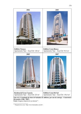174
2004 2005
Edifício Vizcaya
Apartamento Tipo – Área Útil: 120 m²
Edifício Costa Blanca
Apartamento Tipo – Área Útil: 95,5 m²
2005 2007
Residencial Gran Canaria
Apartamento Tipo – Área Útil: 223 m²
Edifício Costa Del Sol
Apartamento Tipo – Área Útil: 138,5 m²
Foto 4.11: Cronologia de fotos de fachadas de edifícios, por ano de entrega – Construtora
Hernandez (1980 - 2007)
Fonte: Imagens disponíveis na internet111
.
111
Disponível no site <http://www.hernandez.com.br>.
 