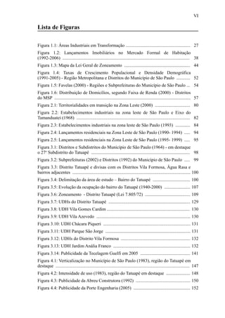 VI
Lista de Figuras
Figura 1.1: Áreas Industriais em Transformação ......................................................... 27
Figura 1.2: Lançamentos Imobiliários no Mercado Formal de Habitação
(1992-2006) ................................................................................................................ 38
Figura 1.3: Mapa da Lei Geral de Zoneamento .......................................................... 44
Figura 1.4: Taxas de Crescimento Populacional e Densidade Demográfica
(1991-2005) - Região Metropolitana e Distritos do Município de São Paulo ............ 52
Figura 1.5: Favelas (2000) - Regiões e Subprefeituras do Município de São Paulo ... 54
Figura 1.6: Distribuição de Domicílios, segundo Faixa de Renda (2000) - Distritos
do MSP ........................................................................................................................ 57
Figura 2.1: Territorialidades em transição na Zona Leste (2000) ............................... 80
Figura 2.2: Estabelecimentos industriais na zona leste de São Paulo e Eixo do
Tamanduateí (1968) .................................................................................................... 82
Figura 2.3: Estabelecimentos industriais na zona leste de São Paulo (1993) ............. 84
Figura 2.4: Lançamentos residenciais na Zona Leste de São Paulo (1990- 1994) ..... 94
Figura 2.5: Lançamentos residenciais na Zona Leste de São Paulo (1995- 1999) ..... 95
Figura 3.1: Distritos e Subdistritos do Município de São Paulo (1964) - em destaque
o 27o
Subdistrito do Tatuapé ....................................................................................... 98
Figura 3.2: Subprefeituras (2002) e Distritos (1992) do Município de São Paulo ..... 99
Figura 3.3: Distrito Tatuapé e divisas com os Distritos Vila Formosa, Água Rasa e
bairros adjacentes ........................................................................................................ 100
Figura 3.4: Delimitação da área de estudo – Bairro do Tatuapé ................................. 100
Figura 3.5: Evolução da ocupação do bairro do Tatuapé (1940-2000) ....................... 107
Figura 3.6: Zoneamento - Distrito Tatuapé (Lei 7.805/72) ........................................ 109
Figura 3.7: UDHs do Distrito Tatuapé ........................................................................ 129
Figura 3.8: UDH Vila Gomes Cardim ......................................................................... 130
Figura 3.9: UDH Vila Azevedo ................................................................................... 130
Figura 3.10: UDH Chácara Piqueri ............................................................................. 131
Figura 3.11: UDH Parque São Jorge ........................................................................... 131
Figura 3.12: UDHs do Distrito Vila Formosa ............................................................. 132
Figura 3.13: UDH Jardim Anália Franco .................................................................... 132
Figura 3.14: Publicidade da Tecelagem Guelfi em 2005 ............................................ 141
Figura 4.1: Verticalização no Município de São Paulo (1983), região do Tatuapé em
destaque ...................................................................................................................... 147
Figura 4.2: Intensidade de uso (1983), região do Tatuapé em destaque ..................... 148
Figura 4.3: Publicidade da Abreu Construtora (1992) ................................................ 150
Figura 4.4: Publicidade da Porte Engenharia (2005) .................................................. 152
 