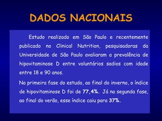 DADOS NACIONAIS
Estudo realizado em São Paulo e recentemente
publicado no Clinical Nutrition, pesquisadoras da
Universidade de São Paulo avaliaram a prevalência de
hipovitaminose D entre voluntários sadios com idade
entre 18 e 90 anos.
Na primeira fase do estudo, ao final do inverno, o índice
de hipovitaminose D foi de 77,4%. Já na segunda fase,
ao final do verão, esse índice caiu para 37%.
 