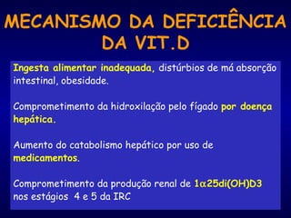MECANISMO DA DEFICIÊNCIA
DA VIT.D
Ingesta alimentar inadequada, distúrbios de má absorção
intestinal, obesidade.
Comprometimento da hidroxilação pelo fígado por doença
hepática.
Aumento do catabolismo hepático por uso de
medicamentos.
Comprometimento da produção renal de 1α25di(OH)D3
nos estágios 4 e 5 da IRC
 