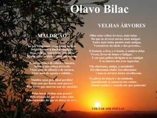 VELHAS ÁRVORES VOLTAR AOS POETAS Olha estas velhas árvores, mais belas  Do que as árvores novas, mais amigas:  Tanto mais belas quanto mais antigas,  Vencedoras da idade e das procelas... O homem, a fera, e o inseto, à sombra delas  Vivem, livres de fomes e fadigas;  E em seus galhos abrigam-se as cantigas  E os amores das aves tagarelas. Não choremos, amigo, a mocidade!  Envelheçamos rindo! Envelheçamos  Como as árvores fortes envelhecem; Na glória da alegria e da bondade,  Agasalhando os pássaros nos ramos,  Dando sombra e consolo aos que padecem!  Olavo Bilac MALDIÇÃO Se por vinte anos, nesta furna escura, Deixei dormir a minha maldição, Hoje, velha e cansada da amrgura, Minha alma se abrirá como um vulcão. E, em torrentes de cólera e loucura, Sobre a tua cabeça ferverão Vinte anos de silêncio e de tortura, Vinte anos de agonia e solidão... Maldita sejas pelo ideal perdido! Pelo mal que fizeste sem querer! Pelo amor que morreu sem ter nascido! Pelas horas vividas sem prazer! Pela tristeza do que eu tenho sido! Pelo esplendor do que eu deixei de ser!... 