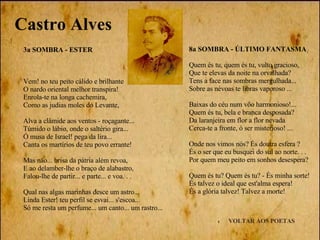 VOLTAR AOS POETAS 3a SOMBRA - ESTER Vem! no teu peito cálido e brilhante O nardo oriental melhor transpira! Enrola-te na longa cachemira, Como as judias moles do Levante, Alva a clâmide aos ventos - roçagante...  Túmido o lábio, onde o saltério gira... Ó musa de Israel! pega da lira... Canta os martírios de teu povo errante! Mas năo... brisa da pátria além revoa, E ao delamber-lhe o braço de alabastro, Falou-lhe de partir... e parte... e voa. . . Qual nas algas marinhas desce um astro... Linda Ester! teu perfil se esvai... s'escoa... Só me resta um perfume... um canto... um rastro... Castro Alves 8a SOMBRA - ÚLTIMO FANTASMA Quem és tu, quem és tu, vulto gracioso,  Que te elevas da noite na orvalhada?  Tens a face nas sombras mergulhada...  Sobre as névoas te libras vaporoso ... Baixas do céu num vôo harmonioso!... Quem és tu, bela e branca desposada? Da laranjeira em flor a flor nevada Cerca-te a fronte, ó ser misterioso! ... Onde nos vimos nós? És doutra esfera ? És o ser que eu busquei do sul ao norte. . .  Por quem meu peito em sonhos desespera? Quem és tu? Quem és tu? - És minha sorte!  És talvez o ideal que est'alma espera!  És a glória talvez! Talvez a morte! 