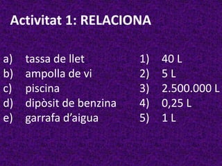 Activitat 1: RELACIONA

a)   tassa de llet        1)   40 L
b)   ampolla de vi        2)   5L
c)   piscina              3)   2.500.000 L
d)   dipòsit de benzina   4)   0,25 L
e)   garrafa d’aigua      5)   1L
 