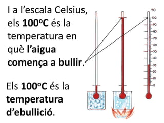 I a l’escala Celsius,
els 100oC és la
temperatura en
què l’aigua
comença a bullir.

Els100oC  és la
temperatura
d’ebullició.
 