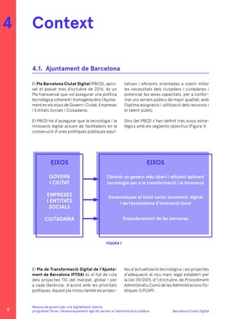 Barcelona Ciutat Digital
Mesura de govern per a la digitalitazió oberta:
programari lliure i desenvolupament àgil de serveis a l’administració pública
El Pla Barcelona Ciutat Digital (PBCD), apro-
vat el passat mes d’octubre de 2016, és un
Pla transversal que vol assegurar una política
tecnològica coherent i homogènia dins l’Ajunta-
ment en els eixos de Govern i Ciutat, Empreses
i Entitats Socials i Ciutadania.
El PBCD ha d’assegurar que la tecnologia i la
innovació digital actuen de facilitadors en la
consecució d’unes polítiques públiques equi-
El Pla de Transformació Digital de l’Ajunta-
ment de Barcelona (PTDA) és el full de ruta
dels projectes TIC del mandat, global i per
a cada Gerència, d’acord amb les prioritats
polítiques. Aquest pla inclou també els projec-
Context4
4.1.	 Ajuntament de Barcelona
tatives i eficients orientades a cobrir millor
les necessitats dels ciutadans i ciutadanes i
potenciar les seves capacitats, per a confor-
mar uns serveis públics de major qualitat, amb
l’òptima assignació i utilització dels recursos i
el talent públic.
Dins del PBCD s’han definit tres eixos estra-
tègics amb els següents objectius (Figura 1):
tes d’actualització tecnològica i els projectes
d’adequació al nou marc legal establert per
la Llei 39/2015, d’1 d’octubre, de Procediment
Administratiu Comú de les Administracions Pú-
bliques (LPCAP).
EIXOS
GOVERN
I CIUTAT
EMPRESES
I ENTITATS
SOCIALS
CIUTADANIA
EIXOS
Obtenir un govern més obert i eficient aplicant
tecnologia per a la transformació i la innovació
Desenvolupar el teixit socio-econòmic digital
i de l’ecosistema d’innovació local
Empoderament de les persones
FIGURA 1
9
 