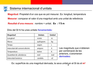 3
Sistema internacional d’unitats
Dins del SI hi ha unes unitats fonamentals:
Les magnituds que s’obtenen
per combinació de les
anteriors, s’anomenen
derivades:
Magnitud: Propietat d’un cos que es pot mesurar. Ex: longitud, temperatura
Resultat d’una mesura: nombre + unitat. Ex : 1’5 m
Mesurar: comparar el valor d’una magnitud amb una unitat de referència
Ex: superfície és una magnitud derivada, la seva unitat en el SI és el m2
 