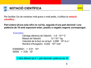 5
NOTACIÓ CIENTÍFICA
Per facilitar l’ús de nombres molt grans o molt petits, s‘utilitza la notació
científica :
Part entera (d'una sola xifra no nul·la), seguida d’una part decimal i una
potència de 10 amb exponent enter, positiu o negatiu segons correspongui.
Exemples:
Càrrega elèctrica de l’electró: -1,6 · 10-19
C
Massa de l’electró: 9,1·10-31
kg
Velocitat de la llum en el buit: 2,998 · 108
m s-1
Nombre d'Avogadro: 6,022 · 1023
mol-1
0’00000521 = 5’21 ⋅ 10-6
32500 = 3’25 ⋅ 104
1 xifra diferent de 0 + part decimal+ potència de 10
www
 