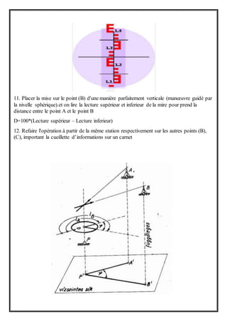 11. Placer la mise sur le point (B) d'une manière parfaitement verticale (manœuvre guidé par
la nivelle sphérique).et on lire la lecture supérieur et inferieur de la mire pour prend la
distance entre le point A et le point B
D=100*(Lecture supérieur – Lecture inferieur)
12. Refaire l'opération à partir de la même station respectivement sur les autres points (B),
(C), important la cueillette d’informations sur un carnet
 
