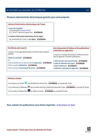                                                                                                                                          
Je me tiens au courant, je m’informe                                                                                            11

Plusieurs abonnements électroniques gratuits vous sont proposés. 
 
    Lettres d’information électroniques de l’Insee 
 
    • Insee.net actualités
  les nouveautés sur www.insee.fr
        le 1er et le 3e mardi de chaque mois    je m’abonne
   
    • La lettre d’information électronique de ma région  
    Les nouveautés de l’Insee sur ma région    je m’abonne

 

  Fils RSS du site insee.fr                                                 Avis de parution d’indices et de publications 
                                                                            nationales ou régionales 
  Je reçois un message électronique m’informant des actualités 
    publiées
                                                                            Je reçois un message électronique m’informant de la 
  Toutes les actualités    je m’abonne                                      mise en ligne des nouvelles publications :  

    ou
                                                                            • indice des prix à la consommation    je m’abonne
  • Des actualités dans le domaine de la conjoncture    je m’abonne         • indice de référence des loyers    je m’abonne
  • Des nouvelles publications    je m’abonne                               • autres indicateurs    je m’abonne
  • Des nouveaux communiqués de presse    je m’abonne                       • collections nationales et régionales    je m’abonne
 

 

  Réseaux sociaux 
     
  • Je retrouve sur Twitter          des actualités du site insee.fr    je m’abonne  au compte de l’Insee 

  • Je m’informe sur Slideshare          de la manière dont sont réalisés les travaux de l’Insee    je m’abonne  au compte de l’Insee

  • Je consulte sur Dailymotion          les vidéos de l’Insee    je m’abonne  au compte de l’Insee 
     

 

 

Pour acheter les publications sous forme imprimée : la boutique en ligne




www.insee.fr : l’accès pour tous aux données de l’Insee 
                                                    
 