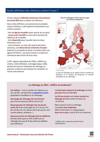                                                                                                                  
Quelle définition des chômeurs retient l’Insee ?                                                            4

L’Insee retient la définition du Bureau international 
du travail (BIT) pour compter les chômeurs. 
Selon cette définition, une personne est comptée 
comme chômeur si elle répond simultanément aux 
critères suivants : 
‐ être en âge de travailler (avoir quinze ans ou plus) 
‐ ne pas avoir travaillé au cours de la semaine de 
référence de l’enquête 
‐ être disponible pour travailler dans les deux 
semaines à venir 
‐ avoir entrepris, au cours des quatre dernières 
semaines, une démarche de recherche d’emploi 
(réponse à une petite annonce, inscription dans une 
agence d’intérim…) ou avoir trouvé un emploi qui 
commence dans moins de trois mois. 
 
Le BIT, agence spécialisée de l’ONU, a défini ces 
critères. Cette définition, inchangée depuis 1982, 
permet de mesurer l’évolution du chômage sur 
plusieurs années et de comparer les situations au 
niveau international. 
                                                            Le taux de chômage est le rapport entre le nombre de
                                                            chômeurs  et  le  nombre  de  personnes  en  activité
                                                            (travaillant ou au chômage). 




                           Le chômage en 2011 : chiffres et tendances* 

    2,6 millions : c’est le nombre de chômeurs au          L’ancienneté moyenne de chômage est d’un 
    sens du BIT, soit 9,2 % de la population active,       peu plus d’un an (14 mois) 
    (population travaillant ou au chômage)                 Les 50 ans et plus sont moins souvent au 
    Davantage de chômage chez les femmes                   chômage (6 % des actifs, 8 % pour les 
    que chez les hommes (10 % contre 9 %)                   25‐49 ans) 
    Beaucoup plus de chômage chez les jeunes               Mais quand ils sont au chômage, 
    actifs (22 % des actifs âgés de 15 à 24 ans, 8 %       c’est pour plus longtemps 
    des 25‐49 ans). Par ailleurs 60 % des jeunes sont      (33 % recherchent un emploi depuis 
    inactifs (élèves, étudiants…)                          deux ans ou plus, contre 20 % en moyenne)  
    Beaucoup moins de chômage chez les diplômés
    (9 % des actifs ayant un CAP ou BEP sont au 
    chômage alors que 16 % des actifs sans diplôme         * Chiffres 2011, moyenne annuelle France 
    sont chômeurs)                                         métropolitaine 




www.insee.fr : l’accès pour tous aux données de l’Insee 
                                                    
 