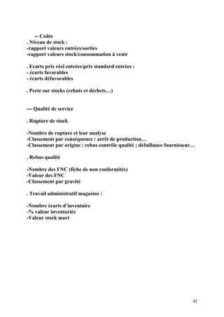 42
-- Coûts
. Niveau de stock :
-rapport valeurs entrées/sorties
-rapport valeurs stock/consommation à venir
. Ecarts prix réel entrées/prix standard entrées :
- écarts favorables
- écarts défavorables
. Perte sur stocks (rebuts et déchets…)
--- Qualité de service
. Rupture de stock
-Nombre de rupture et leur analyse
-Classement par conséquence : arrêt de production…
-Classement par origine : rebus contrôle qualité ; défaillance fournisseur…
. Rebus qualité
-Nombre des FNC (fiche de non conformités)
-Valeur des FNC
-Classement par gravité
. Travail administratif magasins :
-Nombre écarts d’inventaire
-% valeur inventoriée
-Valeur stock mort
 