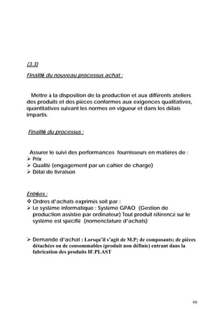 66
(3.3)
Finalité du nouveau processus achat :
Mettre à la disposition de la production et aux différents ateliers
des produits et des pièces conformes aux exigences qualitatives,
quantitatives suivant les normes en vigueur et dans les délais
impartis.
Finalité du processus :
Assurer le suivi des performances fournisseurs en matières de :
Prix
Qualité (engagement par un cahier de charge)
Délai de livraison
Entrées :
Ordres d’achats exprimés soit par :
Le système informatique : Système GPAO (Gestion de
production assistée par ordinateur) Tout produit référencé sur le
système est spécifié (nomenclature d’achats)
Demande d’achat : Lorsqu’il s’agit de M.P; de composants; de pièces
détachées ou de consommables (produit non définie) entrant dans la
fabrication des produits IF.PLAST
 