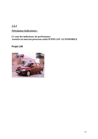 75
3.5.2
Principaux Indicateurs :
Ce sont des indicateurs de performance
Associés au nouveau processus achat D’IFPLAST AUTOMOBILE
Projet L90
 