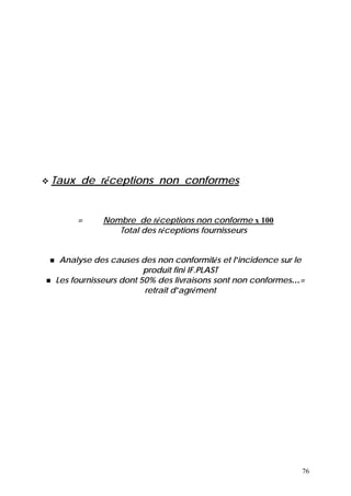 76
Taux de réceptions non conformes
= Nombre de réceptions non conforme x 100
Total des réceptions fournisseurs
Analyse des causes des non conformités et l’incidence sur le
produit fini IF.PLAST
Les fournisseurs dont 50% des livraisons sont non conformes…=
retrait d’agrément
 