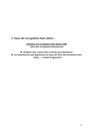 77
Taux de réceptions hors délai =
Nombre de réceptions Hors Délais x100
Total des réceptions fournisseurs
Analyse des causes des retards par fournisseur
Les fournisseurs qui dépassent un taux de 50% des livraisons hors
délai…= retrait d’agrément.
 