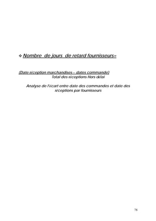 78
Nombre de jours de retard fournisseurs=
(Date réception marchandises – dates commande)
Total des réceptions Hors délai
Analyse de l’écart entre date des commandes et date des
réceptions par fournisseurs
 