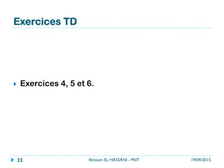 Exercices TD
19/04/2015Ibtissam EL HASSANI - MdT23
}  Exercices 4, 5 et 6.
 