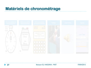Matériels de chronométrage
Chronomètres
mécaniques
Chronomètre
électronique
Chronomètre
programmable Vidéo Interview Apps
19/04/2015Ibtissam EL HASSANI - MdT27
 