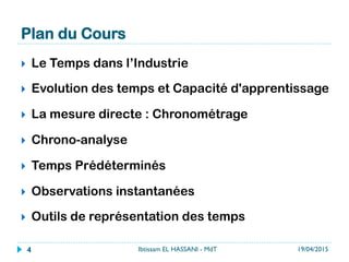 Plan du Cours
}  Le Temps dans l’Industrie
}  Evolution des temps et Capacité d'apprentissage
}  La mesure directe : Chronométrage
}  Chrono-analyse
}  Temps Prédéterminés
}  Observations instantanées
}  Outils de représentation des temps
19/04/2015Ibtissam EL HASSANI - MdT4
 