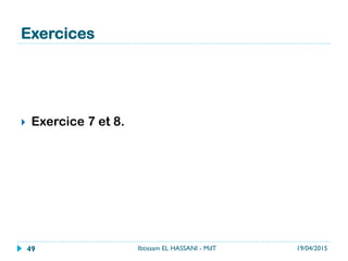 Exercices
}  Exercice 7 et 8.
19/04/2015Ibtissam EL HASSANI - MdT49
 