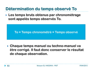 Détermination du temps observé To
}  Les temps bruts obtenus par chronométrage
sont appelés temps observés To.
}  Chaque temps manuel ou techno-manuel va
être corrigé. Il faut donc conserver le résultat
de chaque observation.
To = Temps chronométré = Temps observé
19/04/2015Ibtissam EL HASSANI - MdT52
 
