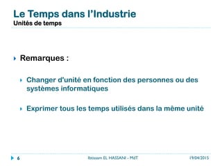 }  Remarques :
}  Changer d'unité en fonction des personnes ou des
systèmes informatiques
}  Exprimer tous les temps utilisés dans la même unité
Le Temps dans l’Industrie
Unités de temps
19/04/2015Ibtissam EL HASSANI - MdT6
 