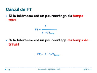 Calcul de FT
19/04/2015Ibtissam EL HASSANI - MdT62
}  Si la tolérance est un pourcentage du temps
total
}  Si la tolérance est un pourcentage du temps de
travail
1
FT =
1 - % Ttotal
FT = 1 + % Ttravail
 