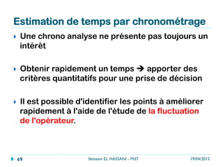 Estimation de temps par chronométrage
19/04/2015Ibtissam EL HASSANI - MdT69
}  Une chrono analyse ne présente pas toujours un
intérêt
}  Obtenir rapidement un temps è apporter des
critères quantitatifs pour une prise de décision
}  Il est possible d'identifier les points à améliorer
rapidement à l'aide de l'étude de la fluctuation
de l'opérateur.
 