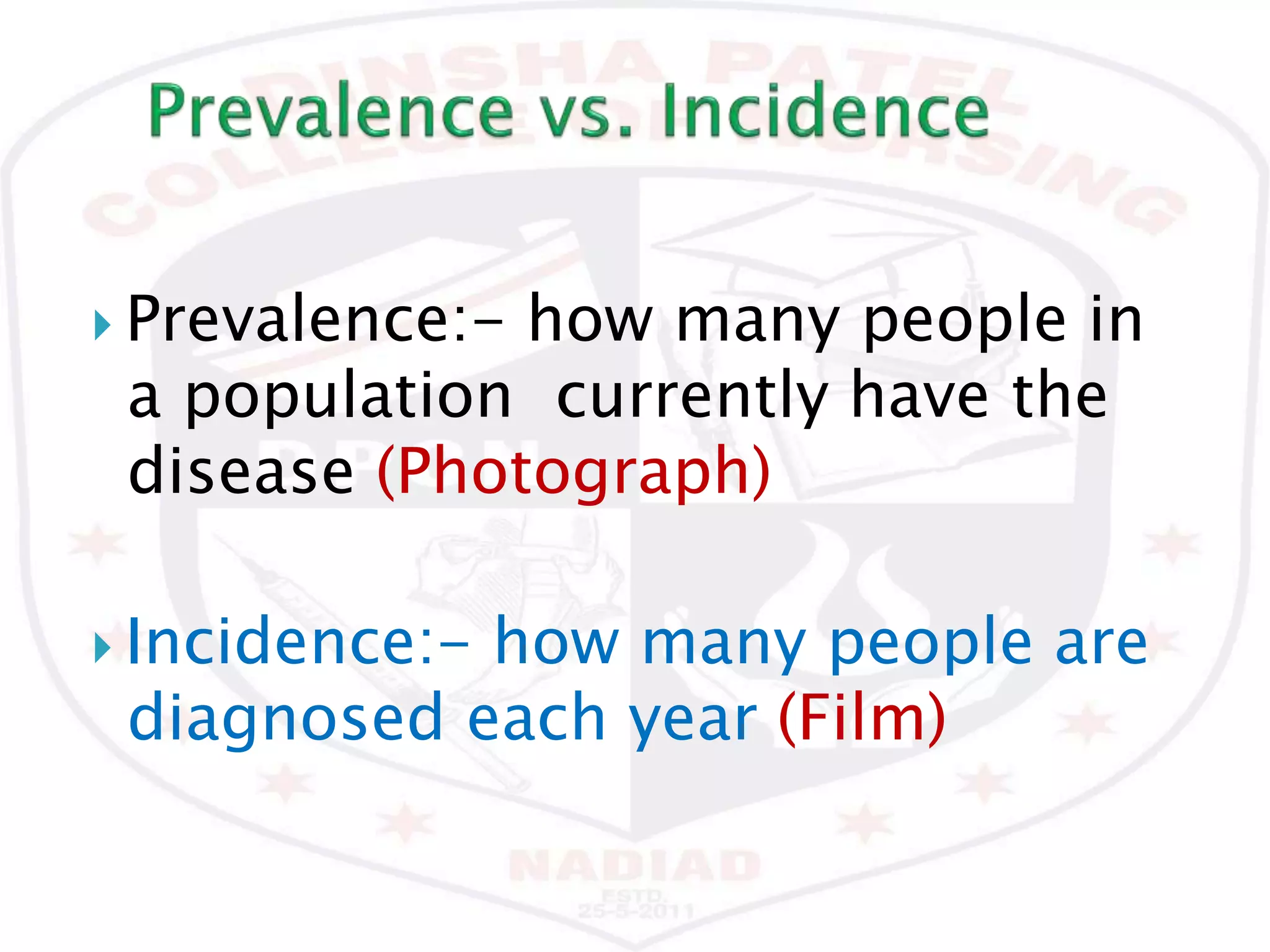  Prevalence:- how many people in
a population currently have the
disease (Photograph)
 Incidence:- how many people are
diagnosed each year (Film)
 