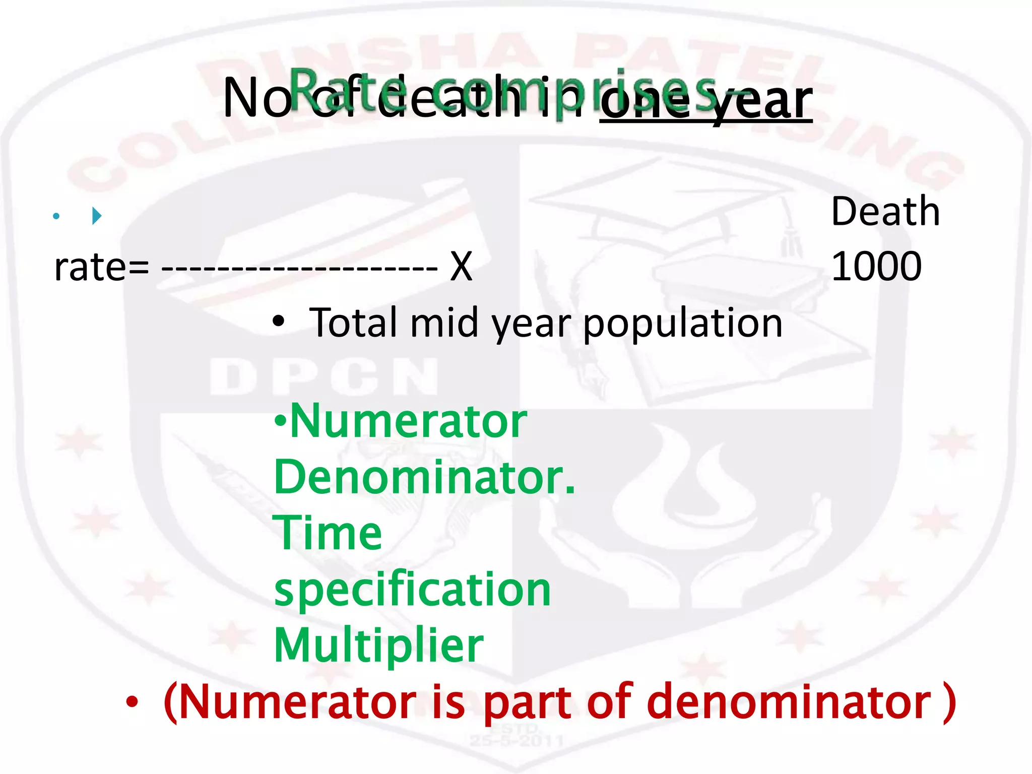No of death in one year
•  Death
rate= -------------------- X 1000
• Total mid year population
•Numerator
Denominator.
Time
specification
Multiplier
• (Numerator is part of denominator )
 