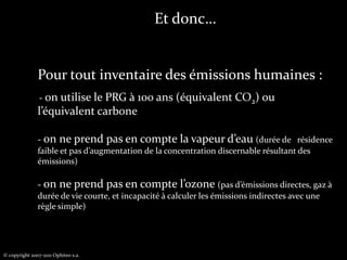 Une autre unité dérivée du PRGX 12/44 = 0.27X 44/12 = 3.67CCO2L ’unité de mesure des physiciens :l’équivalent carbone(d’après GIEC, 2007)