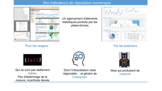 Des indicateurs de réputation numérique
Pour les usagers Par les praticiens
Un agencement d’éléments
statistiques produits par les
plates-formes
Qui ne sont pas réellement
fiables
Pas d’étalonnage de la
mesure, incertitude élevée
Dont l’interprétation reste
négociable… et génère de
l’interaction
Mais qui produisent de
l’autorité
 