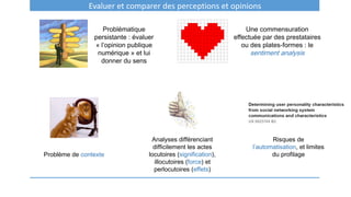 Evaluer et comparer des perceptions et opinions
Problématique
persistante : évaluer
« l’opinion publique
numérique » et lui
donner du sens
Problème de contexte
Une commensuration
effectuée par des prestataires
ou des plates-formes : le
sentiment analysis
Analyses différenciant
difficilement les actes
locutoires (signification),
illocutoires (force) et
perlocutoires (effets)
Risques de
l’automatisation, et limites
du profilage
 