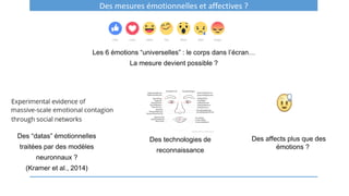 Les 6 émotions “universelles” : le corps dans l’écran…
La mesure devient possible ?
Des “datas” émotionnelles
traitées par des modèles
neuronnaux ?
(Kramer et al., 2014)
Des technologies de
reconnaissance
Des affects plus que des
émotions ?
Des mesures émotionnelles et affectives ?
 