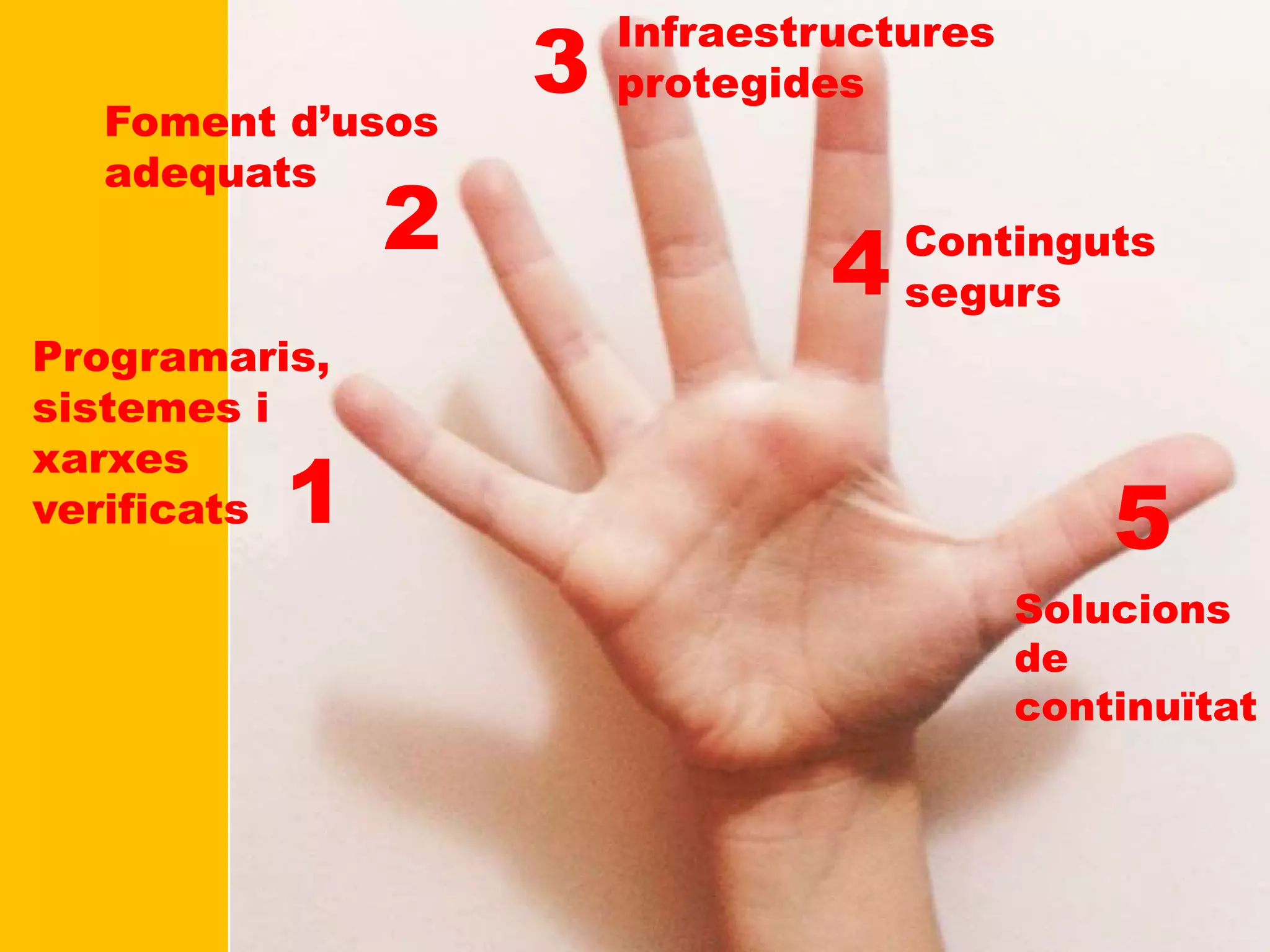 1
2
3
4
5
Solucions
de
continuïtat
Programaris,
sistemes i
xarxes
verificats
Foment d’usos
adequats
Infraestructures
protegides
Continguts
segurs
 