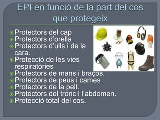 Protectors del cap
Protectors d’orella
Protectors d’ulls i de la
cara.
Protecció de les vies
respiratòries
Protectors de mans i braços.
Protectors de peus i cames
Protectors de la pell.
Protectors del tronc i l’abdomen.
Protecció total del cos.
 