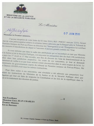 Mesures d interdiction de départ, lettre responsive du ministre de la justice à enex jean charles