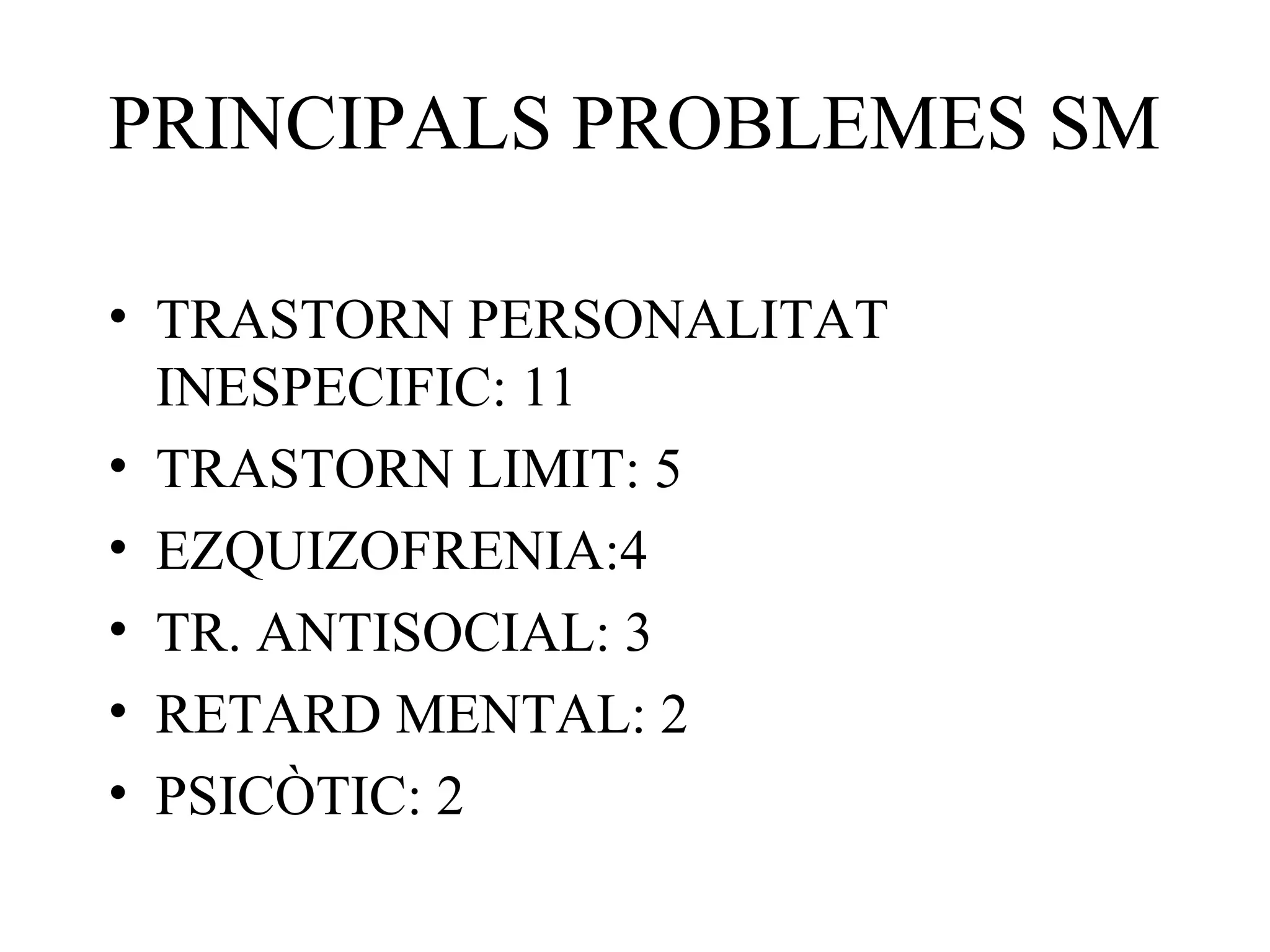 PRINCIPALS PROBLEMES SM
• TRASTORN PERSONALITAT
INESPECIFIC: 11
• TRASTORN LIMIT: 5
• EZQUIZOFRENIA:4
• TR. ANTISOCIAL: 3
• RETARD MENTAL: 2
• PSICÒTIC: 2
 