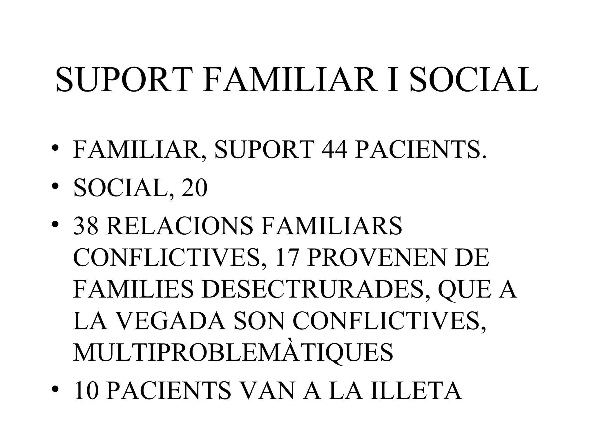 SUPORT FAMILIAR I SOCIAL
• FAMILIAR, SUPORT 44 PACIENTS.
• SOCIAL, 20
• 38 RELACIONS FAMILIARS
CONFLICTIVES, 17 PROVENEN DE
FAMILIES DESECTRURADES, QUE A
LA VEGADA SON CONFLICTIVES,
MULTIPROBLEMÀTIQUES
• 10 PACIENTS VAN A LA ILLETA
 