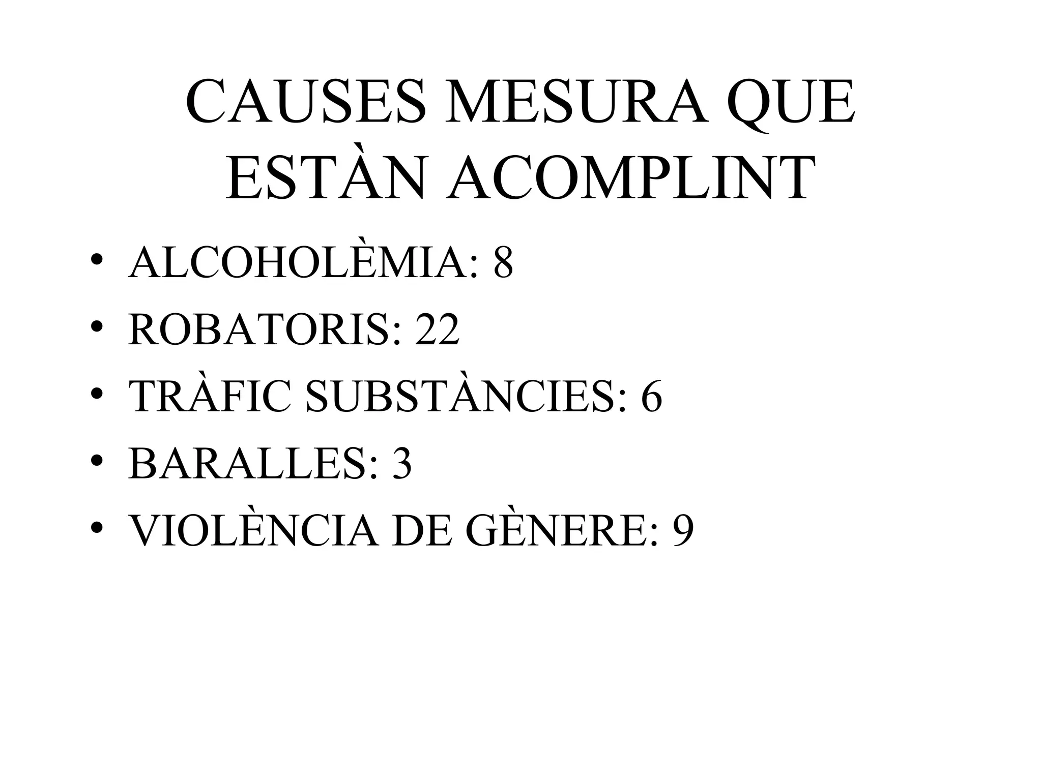 CAUSES MESURA QUE
ESTÀN ACOMPLINT
• ALCOHOLÈMIA: 8
• ROBATORIS: 22
• TRÀFIC SUBSTÀNCIES: 6
• BARALLES: 3
• VIOLÈNCIA DE GÈNERE: 9
 